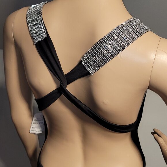 Sexy Women Black Mini Stretch Backless Dress with Rhinestone Accent Small N7872 - Picture 4 of 7